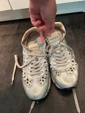 Silver Perforated Leather Low Top Sneakers Women's EU 40 / US 9.5